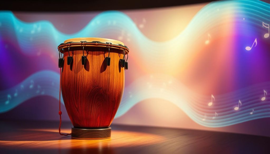A vibrant, detailed representation of a tongue drum, elegantly placed in the foreground, featuring a rich wooden texture and resonant tones of C major. The drum should be surrounded by musical notes gently emanating from it, illustrating the harmony of major scales. In the middle ground, add soft, diffused light reflecting off a backdrop of abstract sound waves, visually contrasting the warm colors of the drum with cooler blues and purples. The atmosphere should convey a sense of tranquility and contemplation, inviting viewers to feel the difference between major and minor scales. Use a warm color palette, ensuring the lighting emphasizes the instrument's craftsmanship. The perspective should be a slightly elevated angle, allowing for a clear view of the drum and the surrounding musical ambiance.